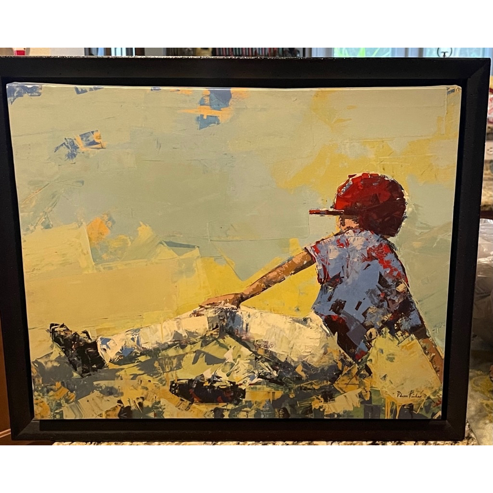 Baseball Boy Player Framed Canvas Art Blue Yellow Rebecca Kinkead Athlete